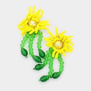 NWT Yellow Seed Beaded Flower Boho Abstract Earrings